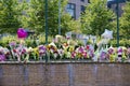 Many flowers in memorial at school for road accident death
