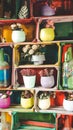 Many flowers in pots on wooden shelves lined up as decor