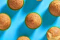 Many fluffy muffins in green paper molds scattered on blue background