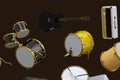 Many of flying acoustic guitars, drums, cymbal or drumset and amplifier on black Royalty Free Stock Photo