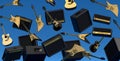 Many of flying acoustic guitars, drums, cymbal or drumset and amplifier on blue Royalty Free Stock Photo