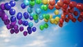 Many flying colorful balloons against blue sky. 3D rendered illustration