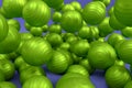 Many of flying green fitness ball or fitball falling on blue background