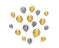 many flying shiny golden and checkered balloons