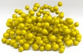 Many of flying yellow fitness ball or fitball falling on white background