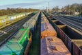 Many freight train wagons at the railroad station Royalty Free Stock Photo