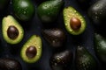 Many fresh avocados with water drops close-up, green fruits on a dark background, deep shadows. Top view, flat lay style. Summer Royalty Free Stock Photo