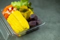 Many of fresh chopped fruits and vegetable for eating healthy salad in plastic box. Royalty Free Stock Photo