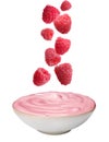 Many fresh raspberries falling into bowl of yogurt on white background Royalty Free Stock Photo