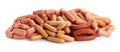 Many fresh raw sausages on white. Meat product Royalty Free Stock Photo