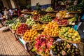 Many fresh and ripe exotic fruits on traditional farmer market Mercado dos Lavradores, Funchal, Madeira island, Portugal