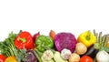 Many fresh ripe vegetables on white background, top view. Space for text Royalty Free Stock Photo