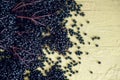 Many fresh ripe violet black elderberries interesting placed on rustic gray yellow old table background Royalty Free Stock Photo