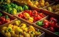 Many fresh yellow, green and red sweet bulgarian peppers in wooden boxes. Farmers market Royalty Free Stock Photo