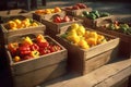 Many fresh sweet bulgarian pepper in wooden boxes. Farmers market. Organic food full of vitamins and antioxidants. Royalty Free Stock Photo