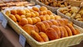 Many freshly baked buns in the basket. Top view bread. Pies freshly baked at the home producers' market