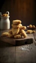 Many fried chicken nuggets on a wooden kitchen board