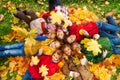 Many friends lay on autumn ground Royalty Free Stock Photo