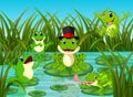 Many frogs on leaf with river scene