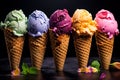 Many fruit flavored ice creams over the dark background. Generative Ai