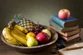 Many fruits in old wood tray Royalty Free Stock Photo