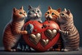 Many funny cats pets celebrating valentines day. Generative AI