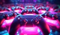 Many gamepads with purple neon lights