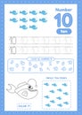 Many games on one page for kids education. Color page, count fishes