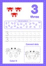 Many games on one page for kids. Color page, dot to dot, trace. Worksheets for preschool children. Learning number 3