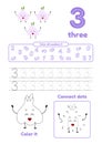 Many games on one page for preschool kids. Color page, dot to dot, trace. Learning number 3 Royalty Free Stock Photo