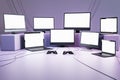 Many gaming TV and computer screens and joysticks on purple background. Video games concept. Mock up