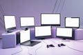 Many gaming TV and computer screens and joysticks on purple wallpaper. Video games concept. Mock up