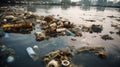 many garbage is lying in the water and on the shore