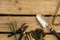 Many garden tools on wood