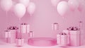 Many Gift box Fly in air with balloon and podium pink pastel background.,Christmas and happy new year background concept.,3d model