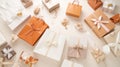 Many gift boxes and bags with ribbons, bows and flowers, AI
