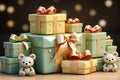 Many Gift boxes with a ribbons, kids toys, playful cartoonish illustration