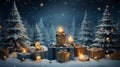 many giftboxes surround christmas tree and snow field. Generative ai