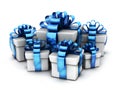 Many gifts and blue ribbon and white background Royalty Free Stock Photo