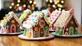 Many gingerbread houses on a festive table with bokeh lights in the background, Merry Christmas, Advent time, greeting Card.
