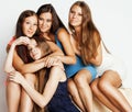 Many girlfriends hugging celebration on white background, smiling talking chat close up