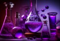 Many glass flasks filled with various purple liquids and gels. AI Generated