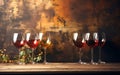 many glass of red wine on rustic wooden table. Wine tasting. Wine card, rastaurant menu Royalty Free Stock Photo