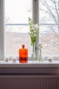 Many glass vases and jugs and flowers on a windowsill. Clear glass vases and one orange glass vase with different white flowers Royalty Free Stock Photo