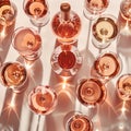 Many glasses and bottles of rose wine on white background. Top view, flat lay design. Direct sunlight with strong