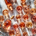 Many glasses and bottles of rose wine on white background. Top view, flat lay design. Direct sunlight with strong