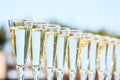 Many glasses of champagne or prosecco near resort pool in a luxury hotel. Pool party. Royalty Free Stock Photo