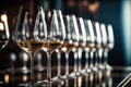 Many glasses of different wine in a row on bar counter. AI Generation Royalty Free Stock Photo