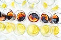 Many glasses of drinks in a row ready to be filled with alcohol, decorated with slices of lemons Royalty Free Stock Photo