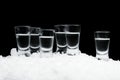 Many glasses of vodka standing on ice on black background Royalty Free Stock Photo